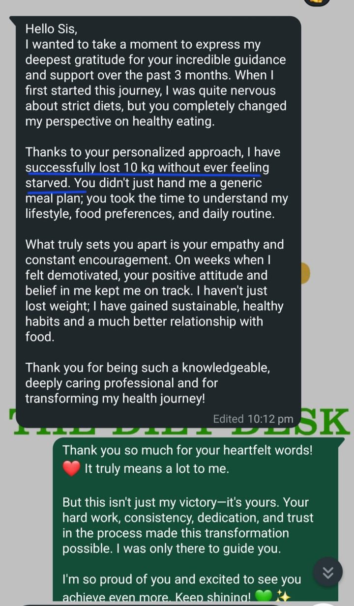 Client's thank-you message: she lost 10 kg over 3 months without ever feeling starved, because the plan was built around her lifestyle, food preferences and daily routine.