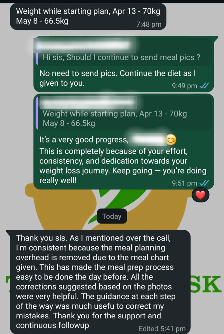 Client reports 70 kg on April 13 and 66.5 kg on May 8, and says the meal chart made her consistent and meal prep easy.