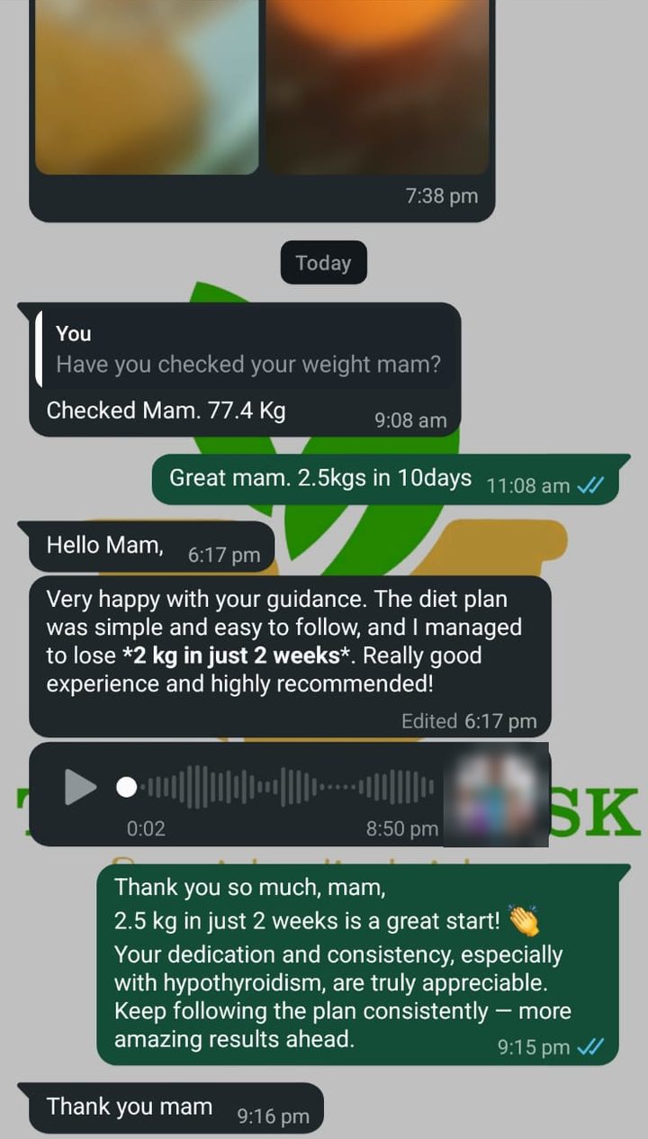Client with hypothyroidism reports 77.4 kg, 2.5 kg down in about two weeks, and says the diet plan was simple and easy to follow.